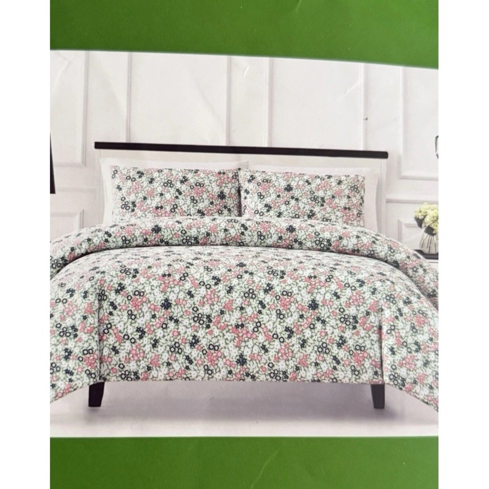 Kate Spade QUEEN Comforter SET Evening Bloom Floral Cotton Green Blue Pink White